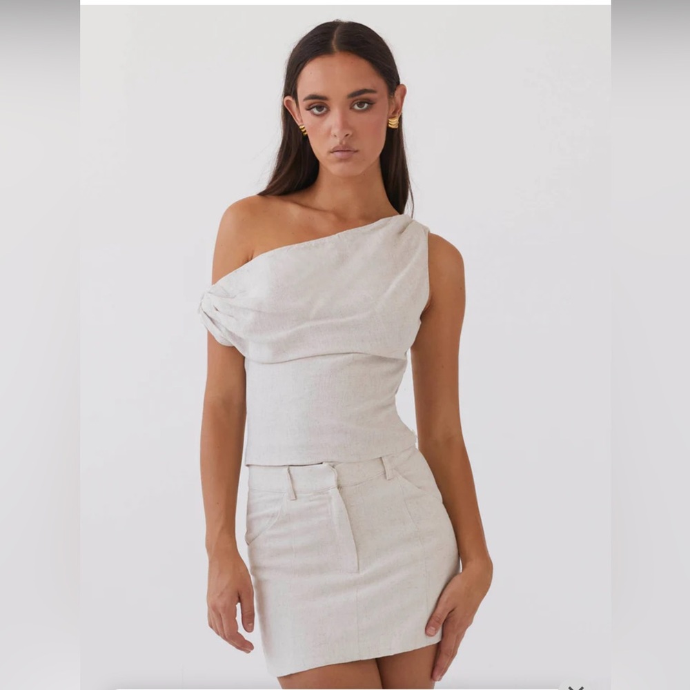 Peppermayo linen one shoulder top and matching skirt